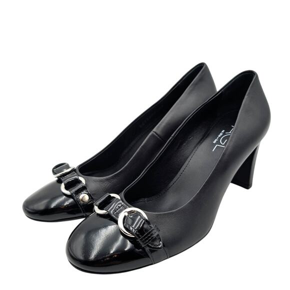 AGL Irina Cap Toe Block Heel Pump Buckle Strap Women's Black Size US8 EU38 - Picture 1 of 11